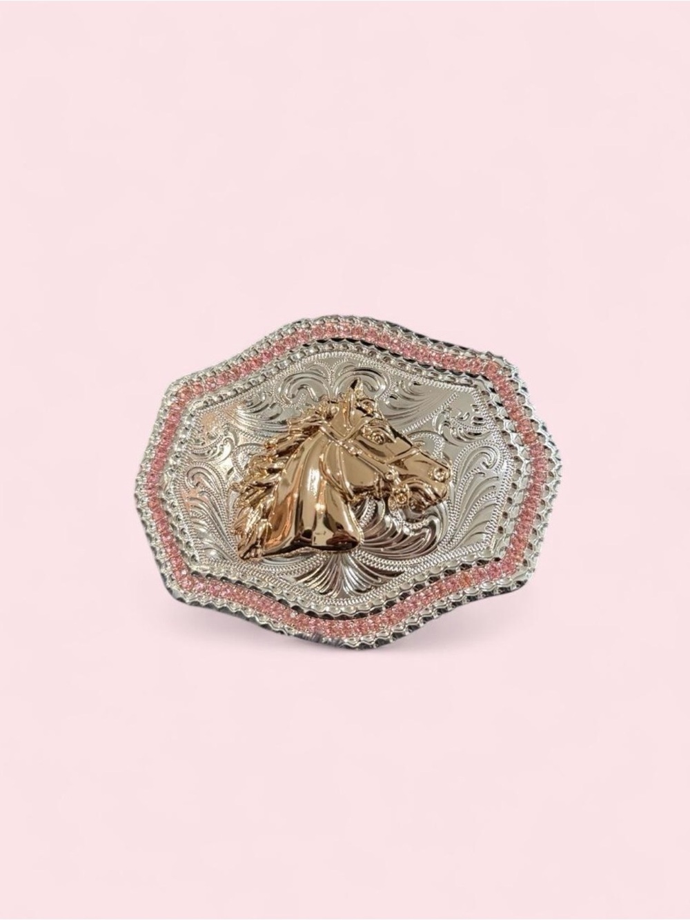Western Horse Head Belt Buckle with Pink Crystal Trim